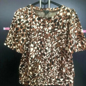 Ann Taylor Animal Print Short Puff Sleeve, round neck, banded waist,top